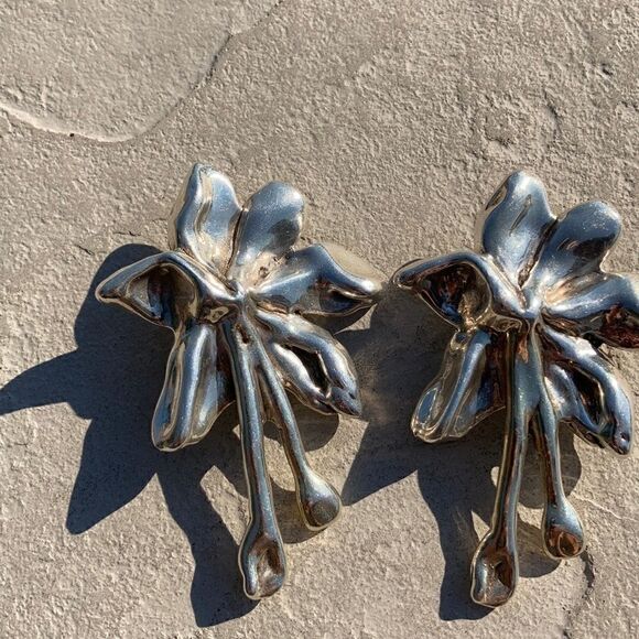 925 Vintage 925 Sterling Large statement clip abstract floral Chunky Earrings 3" - Picture 5 of 15
